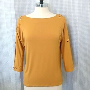 Blouse gold with embellished peek-a-boo long sleeve sz.M